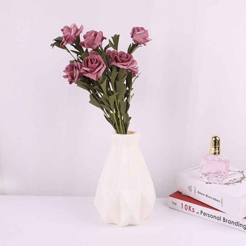 Florero de plástico Origami blanco rosa imitación cerámica florero cesta de flores arreglo contenedor decoración del hogar