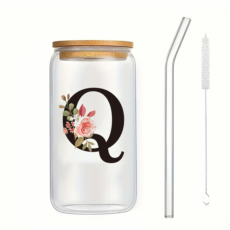 Alphabet Flowers Drinking Glass Letter A-Z Iced Coffee Water Juice Bottle Portable Clear Cup with Lid Straw Brush Birthday: SKY BLUE