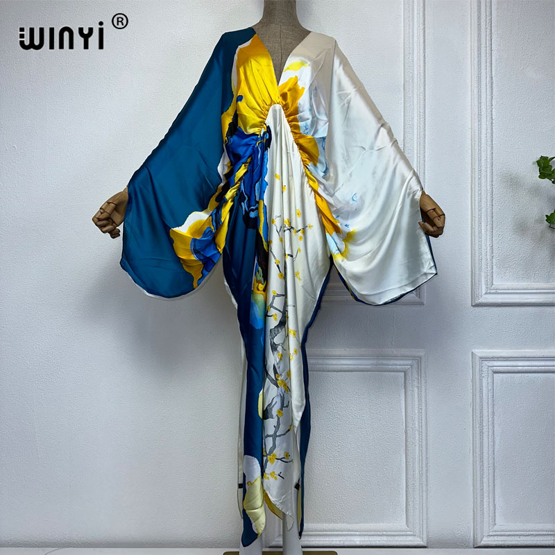 WINYI Bohemian Deep V-neck Floral europea For Lady Free Size Loose Batwing Beach cover up Party Kaftan Dress: Gold