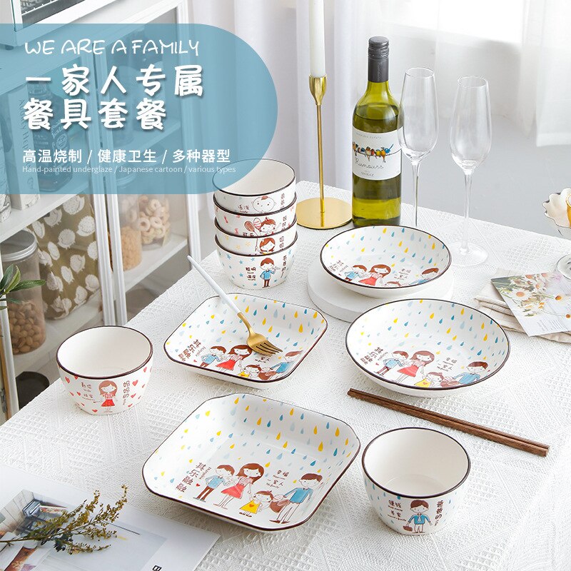 Creatieve Keramische Servies Ouder-Kind Kom Cartoon Familie Rijstkom Voor Een Gezin Van Vier Kommen En Borden Set ontbijt Plaat
