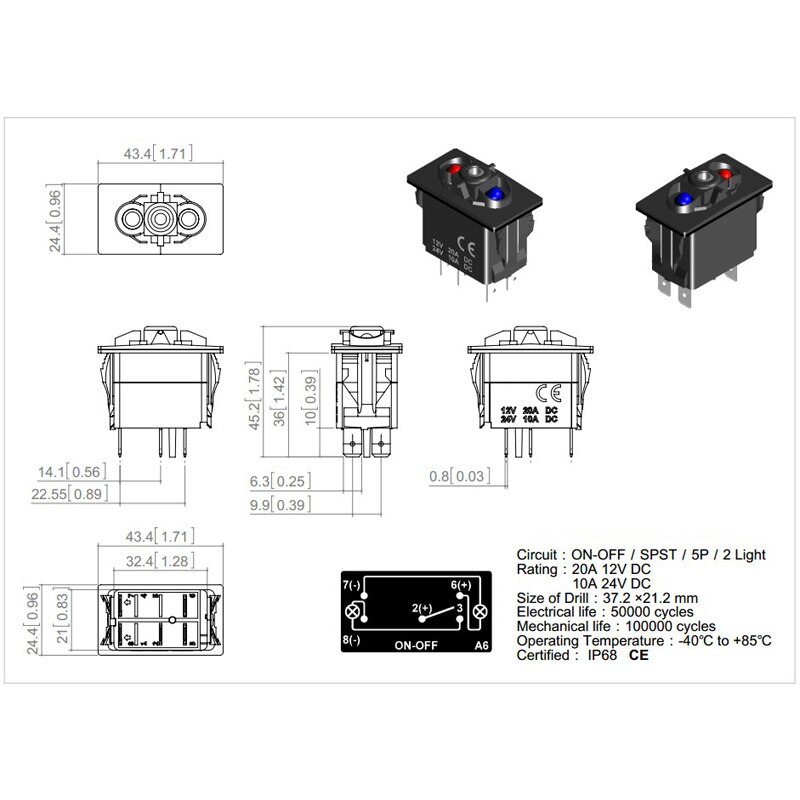 Dual Led ON OFF Switch Base 5PIN SPST Waterproof IP68 12V 20A 24V 10A Switch Body, Car Boat Rocker Switch Accessories