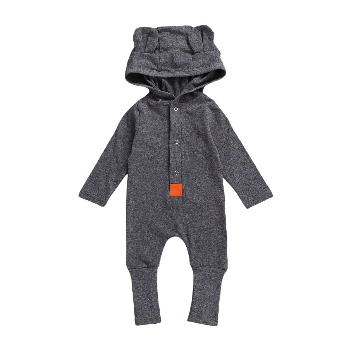 Focusnorm 0-18M Herfst Winter Kids Meisjes Jongens Warm Jumpsuits Effen 3D Oren Capuchon Lange Mouw Knop Rompertjes: Grijs / 6m