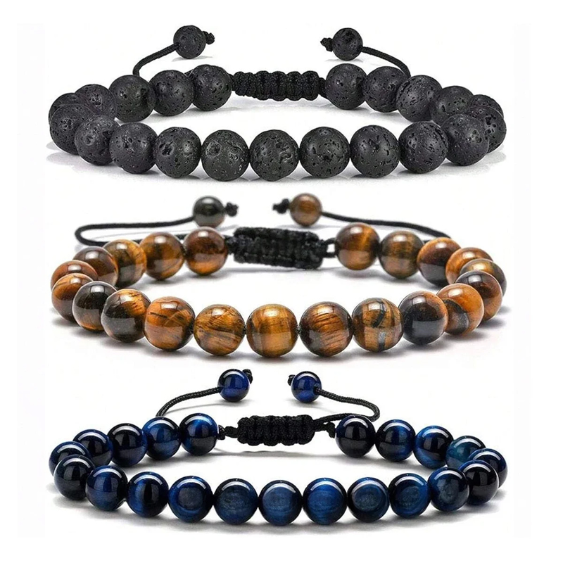 Håndlavet armbånd med beskyttelse af lavasten og 8mm naturlige tigerøje til mænd i flere stilarter