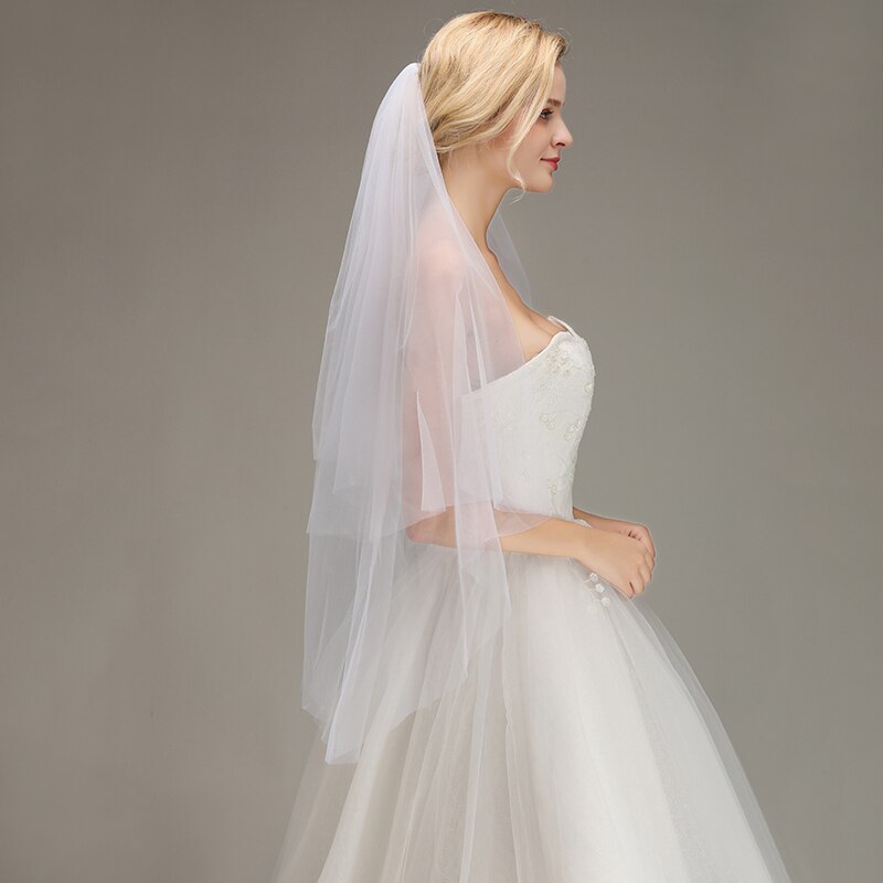 Veu de noiva cut edge kort bryllupsslør med kam billig tolags tyl brudeslør bryllupstilbehør voile mariage