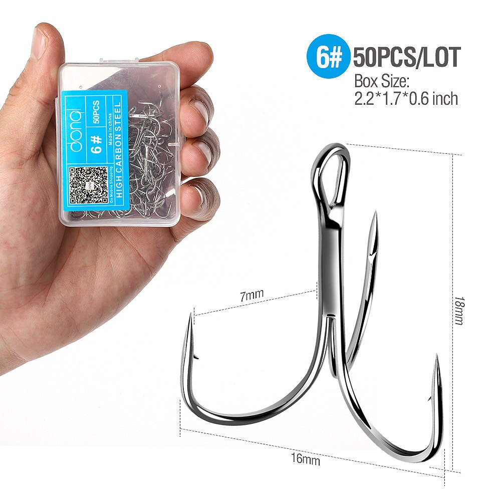 DONQL 50pcs/Box High Carbon Steel Treble Fishing Hooks Offset Fishooks for Carp Fishing Overturned Sharp Hooks Fish Tackle: 6