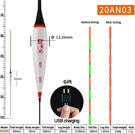 Jiuyu ai smart ledet karpe fiske flottør tyngdekraftssensor fisk bite minne bødu glødende elektrisk nattfiske flyte usb lader: 2.3 gx 43cm