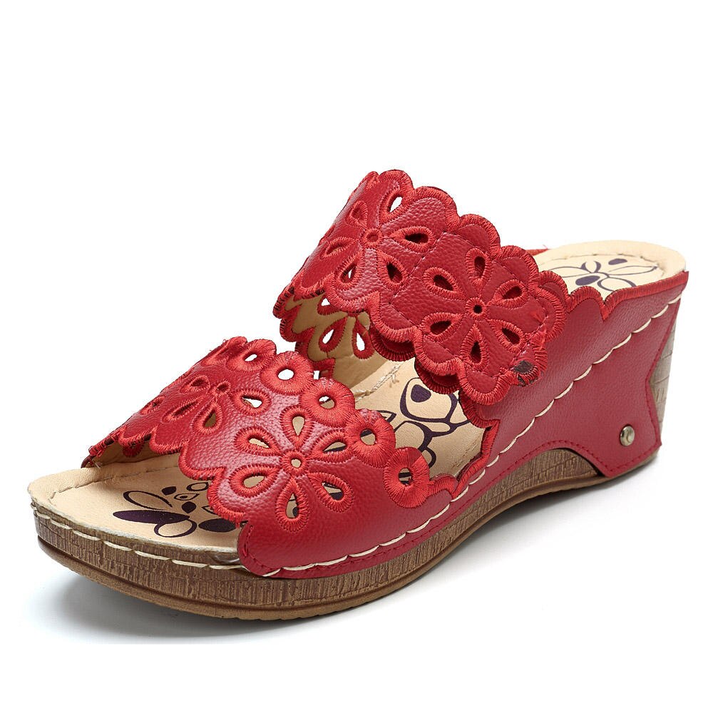 été gladiateur femmes chaussures décontracté fleurs creux crochet boucle sandales cale plate-forme Sandalias Mujer taille 36-41: Red / 40