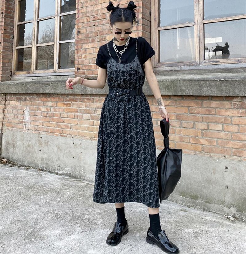 Gothic Lange Rokken Vrouwen Lente Zomer Chic Streetwear Ketting Bandjes Linnen Bloemen Zwarte Jarretel Rokje Overalls Met Taille Tas: M