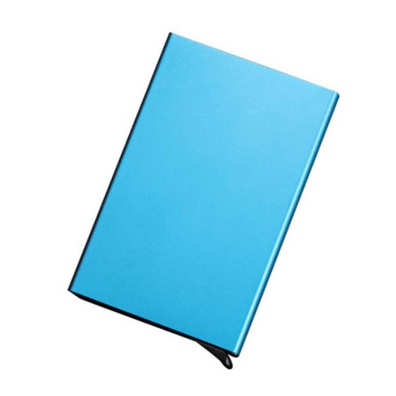 Porta tarjetas de crédito y carné de identidad antirrobo, billeteras finas de aluminio y Metal con bolsillo, caja de tarjetas de crédito para hombre y mujer, caja automática: Azul