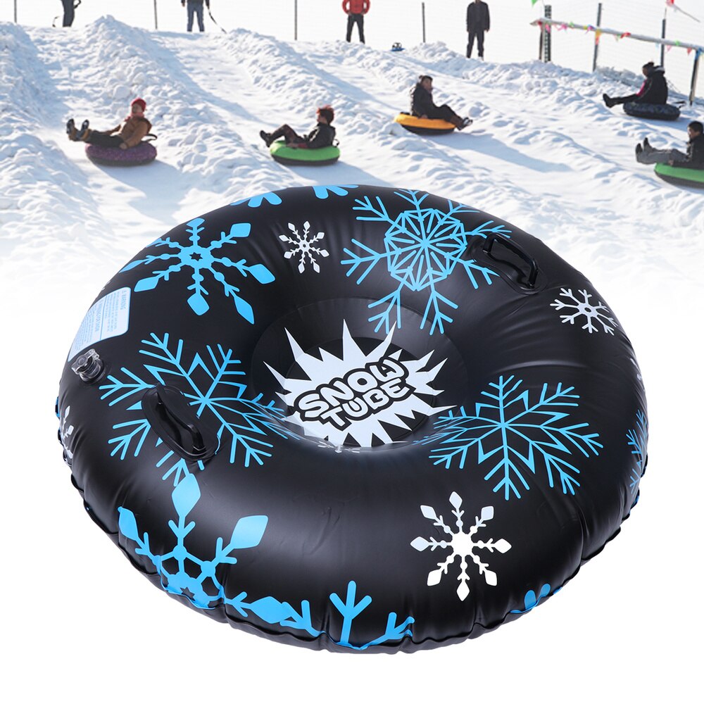 47 Inches Black Inflatable Snow Tube PVC Snowflake Printing Snow Sled Heavy Duty Circle for Skiing Skating and Snow Games