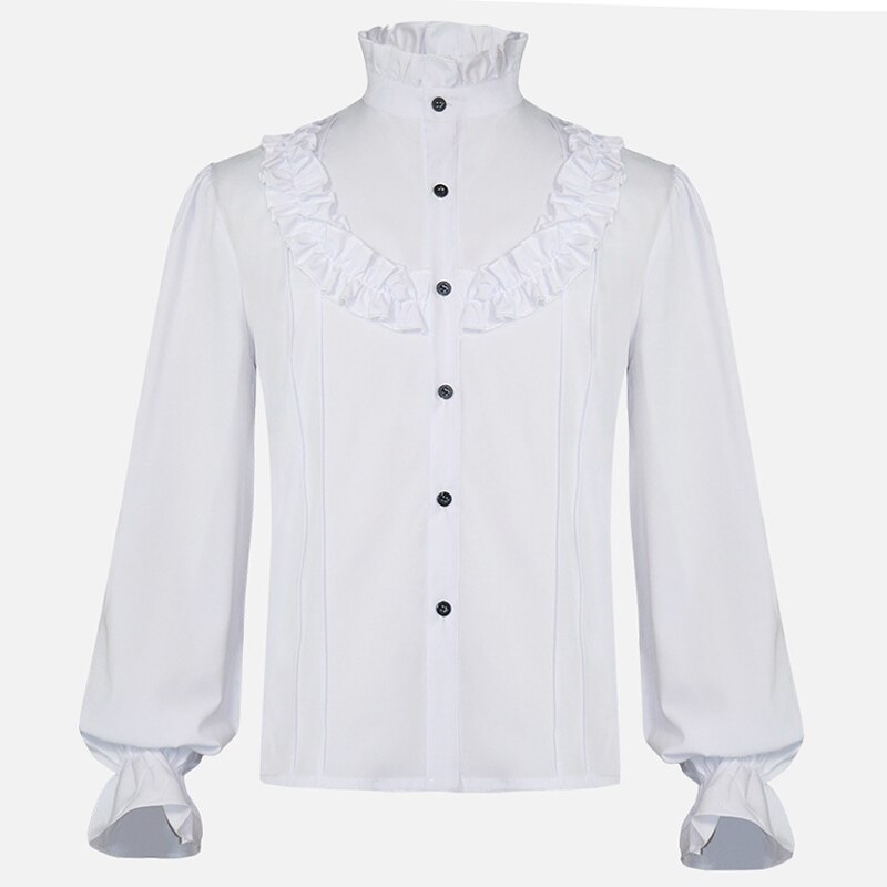 Camisa Medieval de estilo victoriano para hombre, ropa gótica con volantes blancos, cuello levantado, manga farol, Vintage, Top, , banquete, uso diario