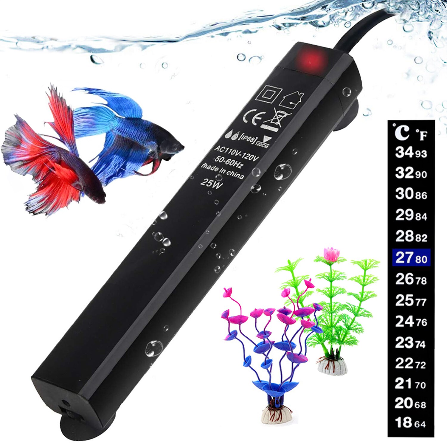 25W Betta Fish Tank Heater Smart Thermostaat Kleine Aquarium Heater 2-5 Gal Water Warmer 2 Kunstplanten 1 Sticky Thermometer