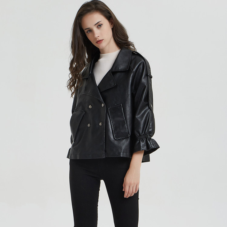 Flare Sleeve Faux Leather Jacket Women Double Breasted Short Punk Style Jackets Female Bomber Basic Outwear