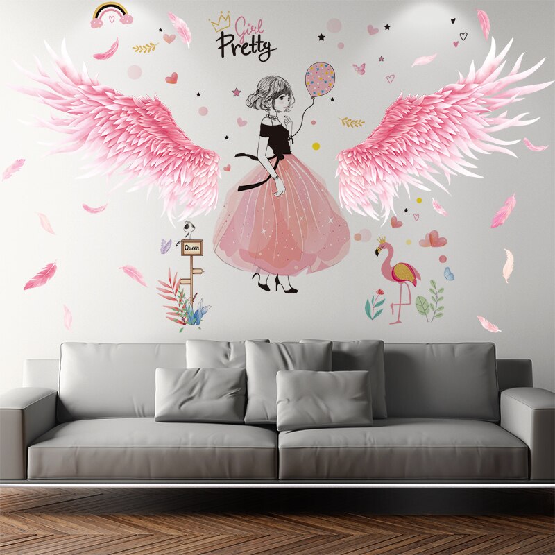 [shijuekongjian] roze veren vleugel muurstickers diy cartoon meisje muurstickers voor kinderkamers babykamer huisdecoratie