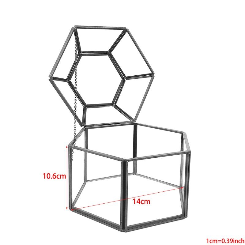 Clear Glass Hexagonal Jewelry Box with Lid, Hinged Top Lid Terrarium Jewellery Display Storage Organizer, Box Tabletop Display