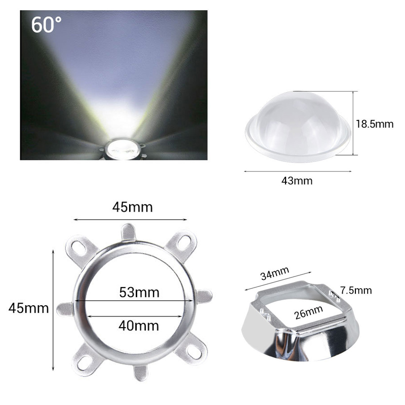 44mm cob led optinen linssin heijastin 60 120 asteen kohdevalo suuritehoinen cob led siru lampun kansi diodimatriisin matriisin valonheittimelle: 60 astetta