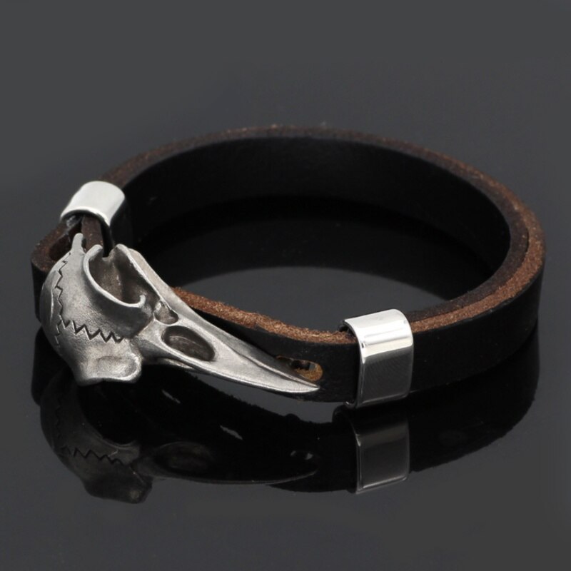 Men Retro Viking Odin Symbol Totem Crow Head Crow Pointed Beak Men Leather Bracelet