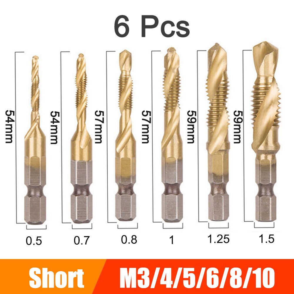 6/7Pcs HSS Screw Thread Metric Tap Drill Bits Set M3-M10 Hex Shank Titanium Plated Compound Screw Tap Drill Bit Set Hand Tools: 6 Pcs Short Gold