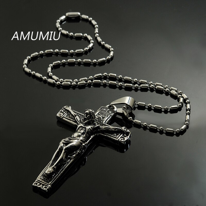 Amumiu Jesus Cross Met Kettingen Roestvrij Staal Mens Sieraden Kruisbeeld Christelijke Sieraden Kettingen & Hange HZP169