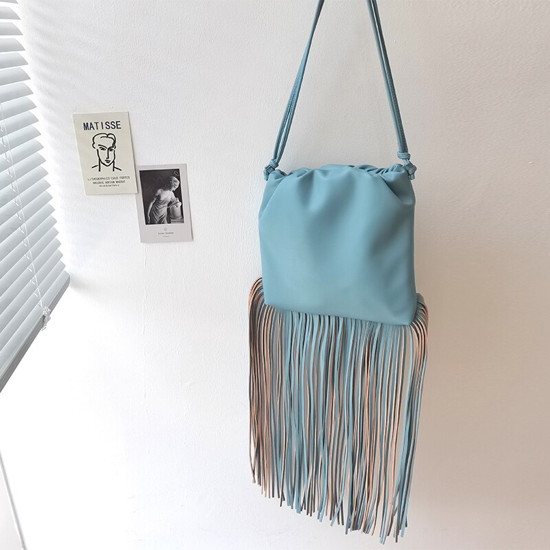 trend lang kvast kvinner pu veske veske crossbody veske kvinnelig frynset veske dame veske: Blå