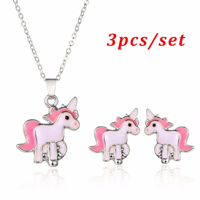 4 stks/set Paarse Ketting Oorbellen Cartoon Eenhoorn Ketting Oorbel Sieraden Meisjes Sieraden Oorbel en Ketting Set: 5