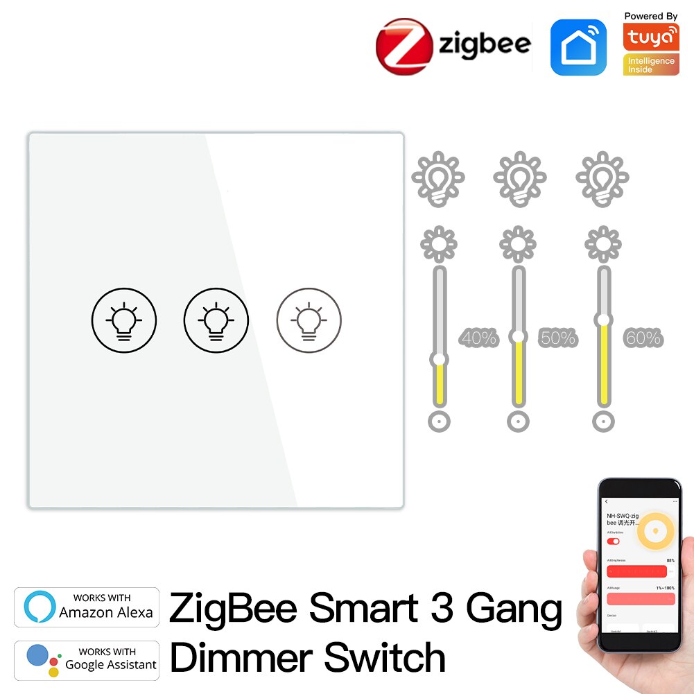ZigBee Multi-gang Smart Light Dimmer Switch Independent Control Smart Tuya APP Control Works with Alexa Google Home 1/2/3 Gang: EU 3 Gang White