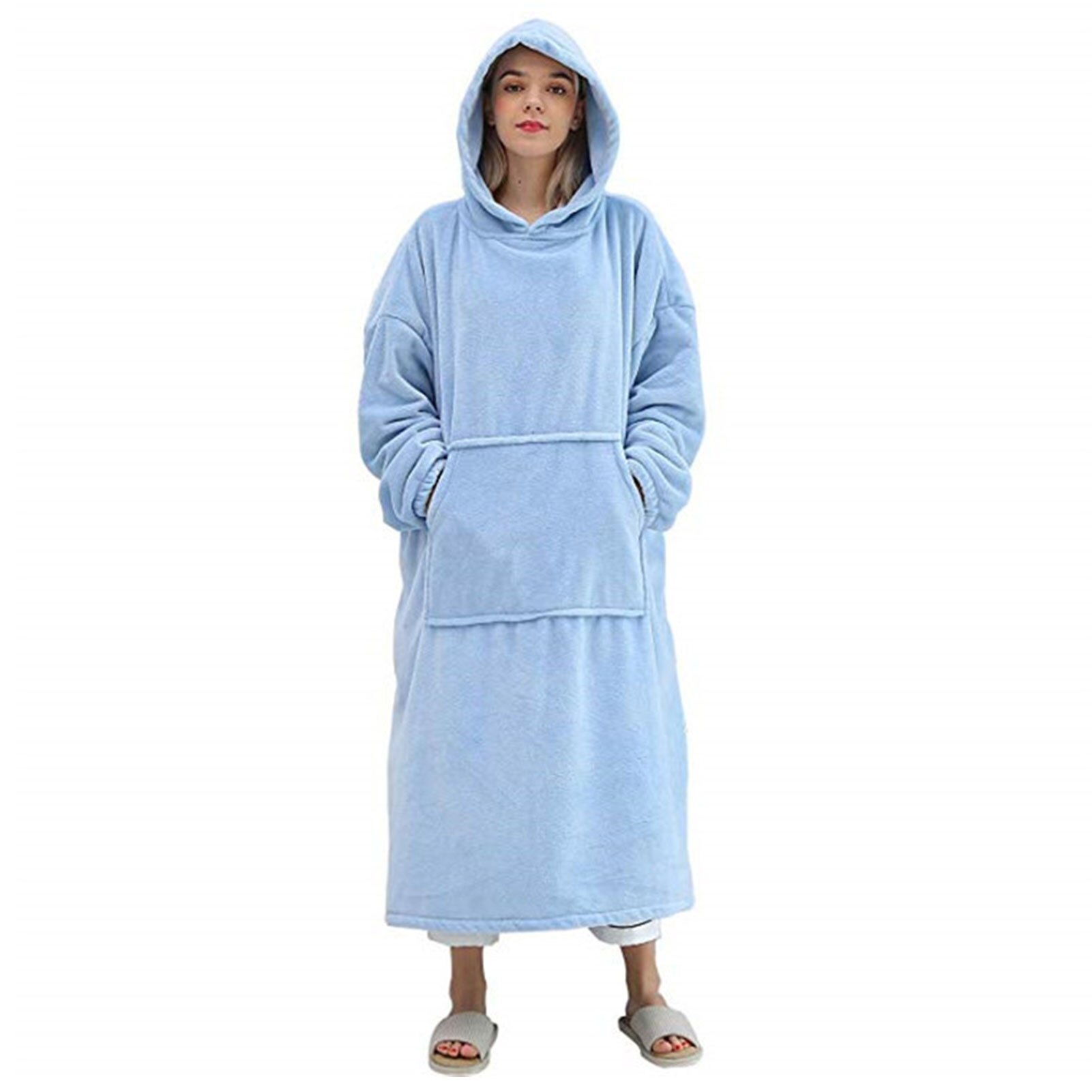 Flannel thickened warmth can wear blanket big hoodie household kangaroo pocket long sweatshirt: Blue