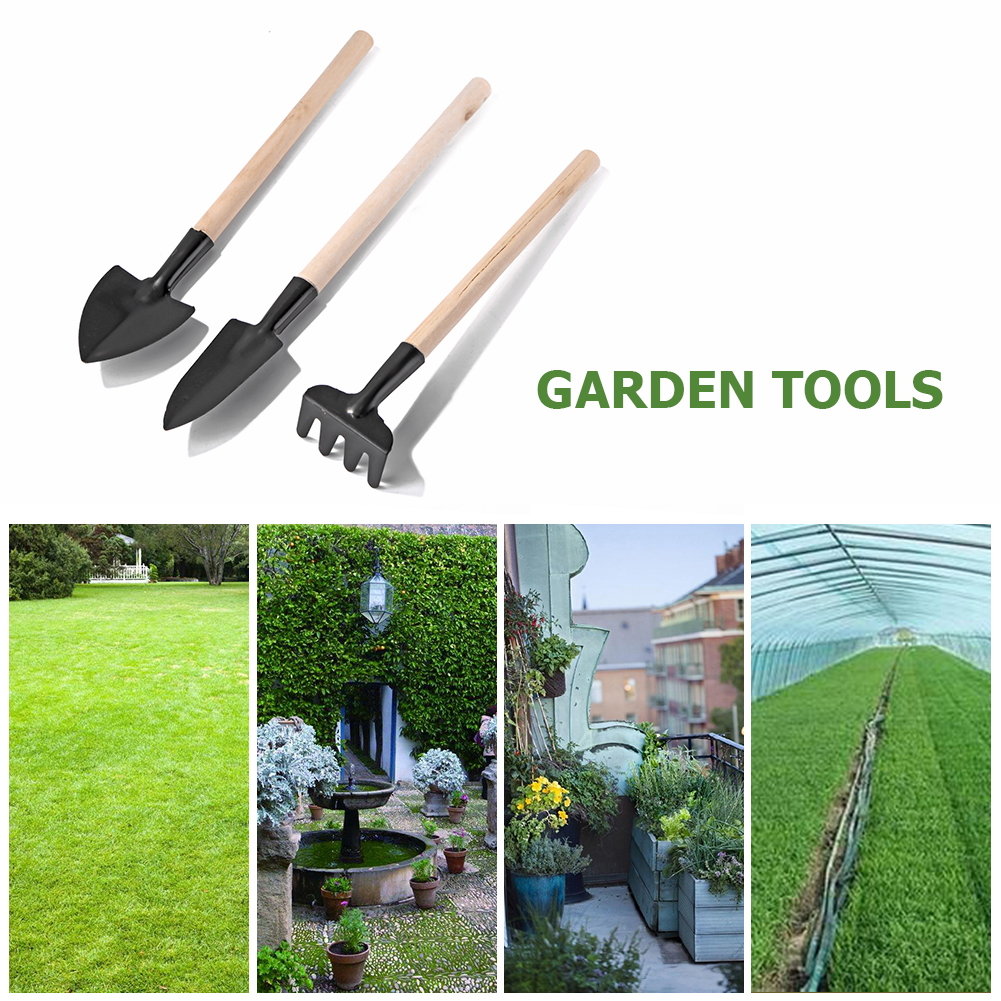3pcs Gardening Tools Set Balcony Home-grown Plant Flower Bonsai Mini Transplant Digging Suits Wood Handle Shovel Rake Combinatio