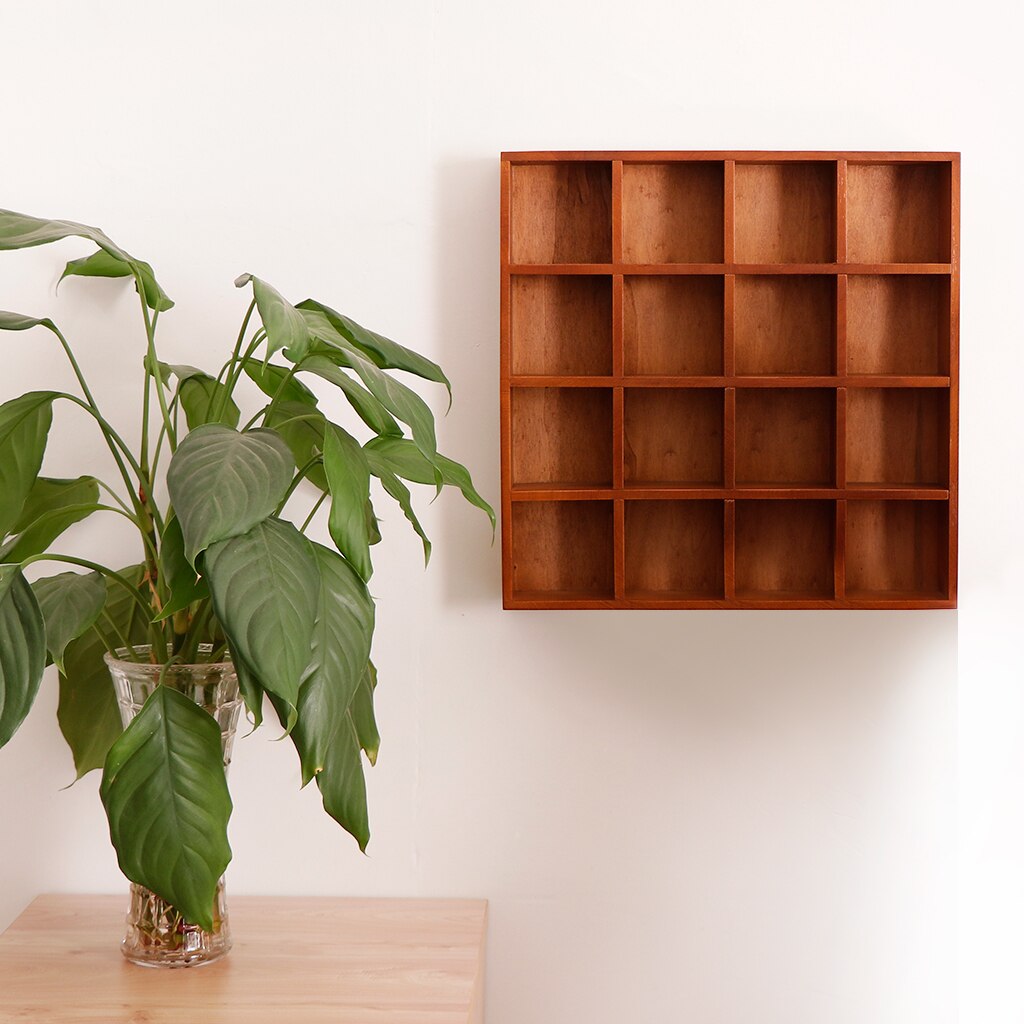 Wooden Home Organizer 16 Grids Wall Shelf for Cellection Gadget Display Case