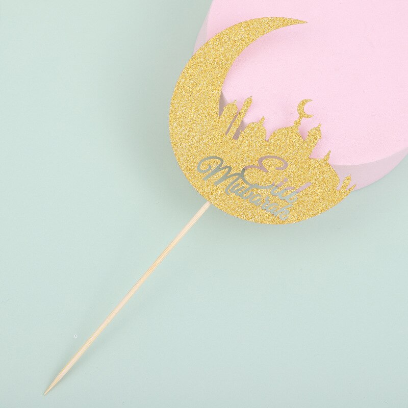 10pcs Eid Mubarak Cupcake Topper Glitter Moon Cake Toppers for Eid Ramadan Party Cake Decoration Gold Silver Black Cake Supplies