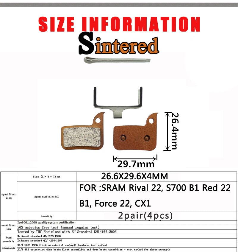 2 Pair Mountain E-BIKE Sintered Bicycle Disc Brake Pads Pin For SRAM AVID Rival 22 S700 B1 Red 22 B1 Force 22, CX1 Accessories