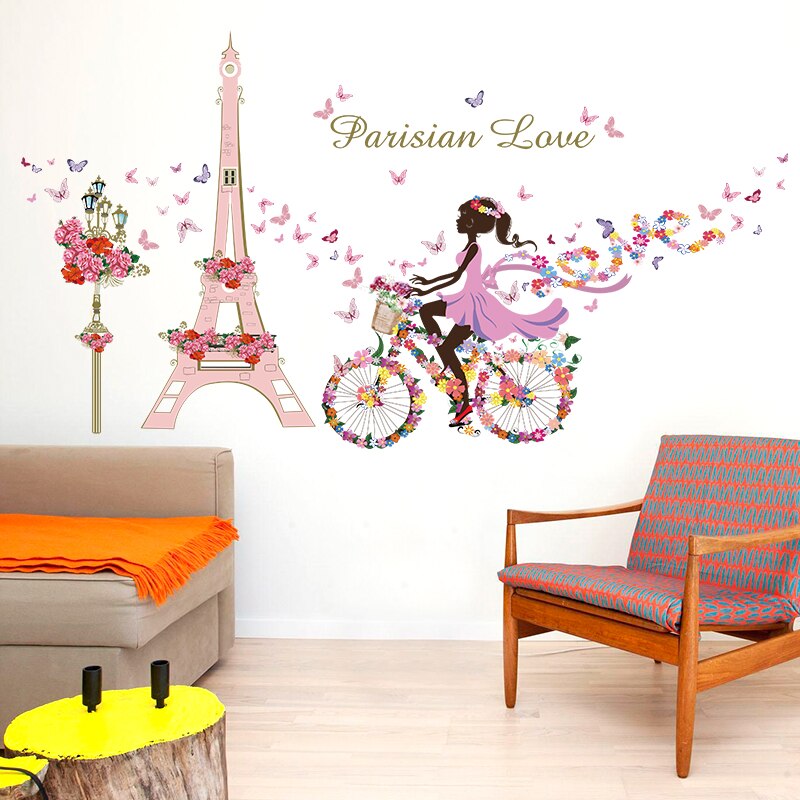 Smuk blomst fe pige cykel eiffeltårnet kærlighed sommerfugl boligindretning wallsticker piger baby børneværelse dekoration vægmalerier