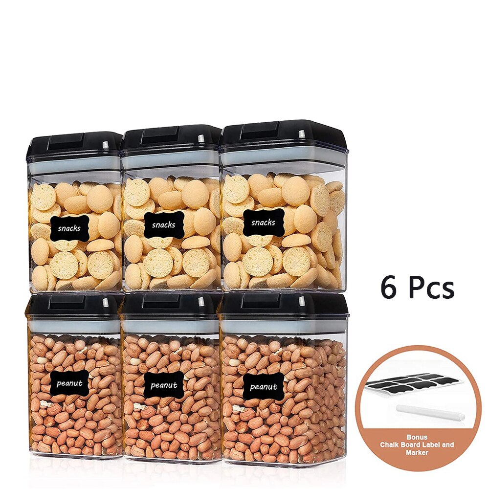 Ensemble de 6 récipients hermétiques pour aliments, contenant en plastique pour aliments, pots de cuisine scellés pour multi-céréales, boîtes de conserve pour céréales en vrac: 0.8L Black 6-PCS
