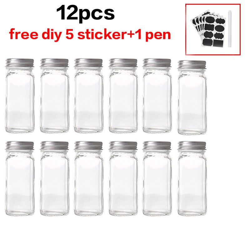 Tarros de vidrio para especias, caja de condimentos, tapa de olla, botella de condimentos, suministros de cocina de vidrio y materiales, juego de botes para salero: 12pcs