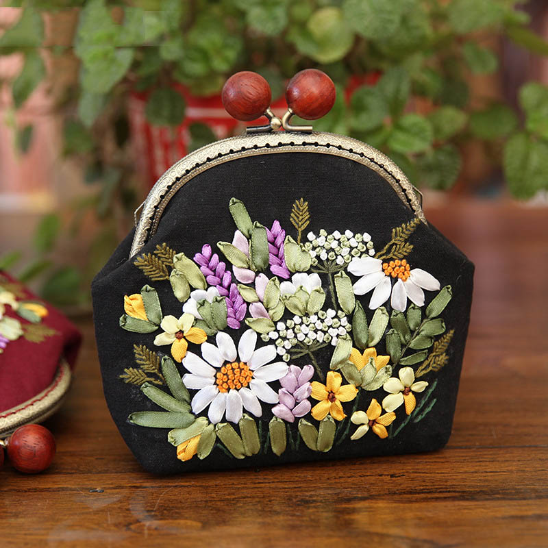 3D DIY Ribbon Embroidery Bag Set, Needlework Kits Cross Stitch Chain Bag with Hoop,Handmade Swing Purse Wallet: E