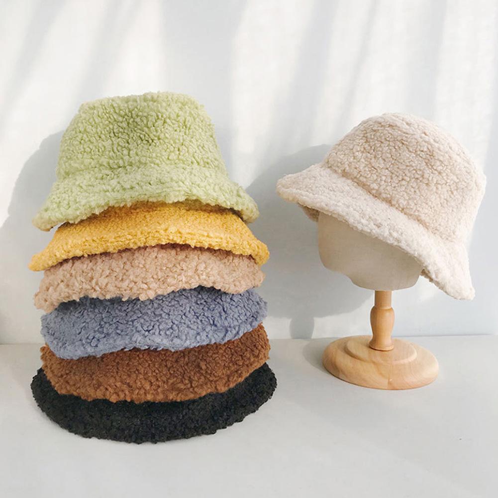 Winter Women Solid Color Faux Lambswool Soft Warm lamb fur Fishing Cap Sun Bucket Hat Japanese warm basin hat Accessory