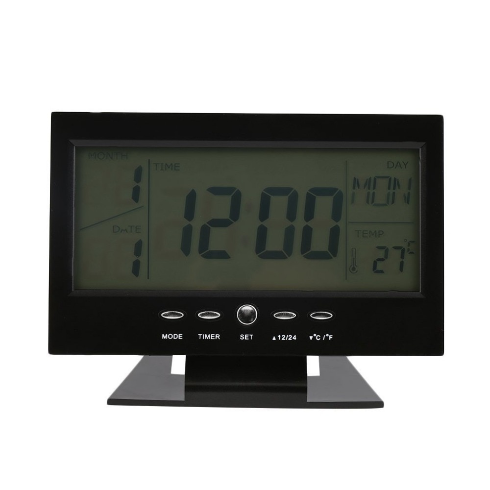 Voice Control Back-light LCD Alarm Clock Weather Monitor Calendar With Timer Sound Sensor Temperature Decor Desktop Table Clock