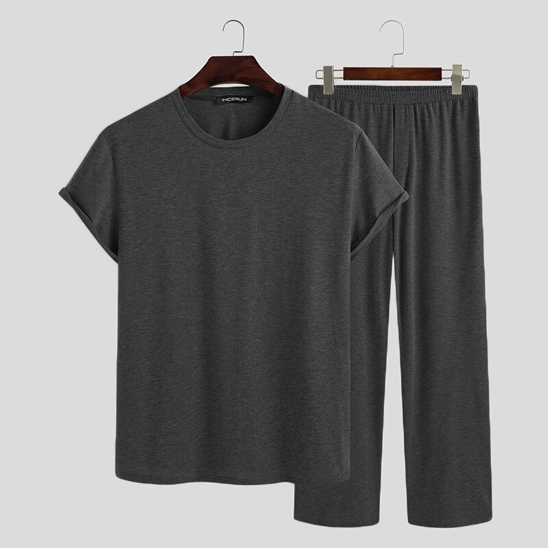 INCERUN Men Solid Pajama Sets Short Sleeve O Neck Tops Elastic Waist Pants 2 Pieces Man Breathable Homewear Loose Suit Plus Size: Dark Gray / S