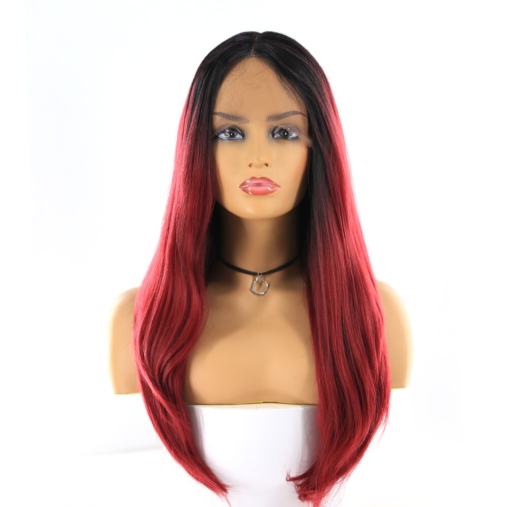 Ombre Red Synthetic Lace Front Wigs SOKU Long Straight Wig Middle Part Glueless Heat Resistant Fiber Wig For Women Cosplay #613