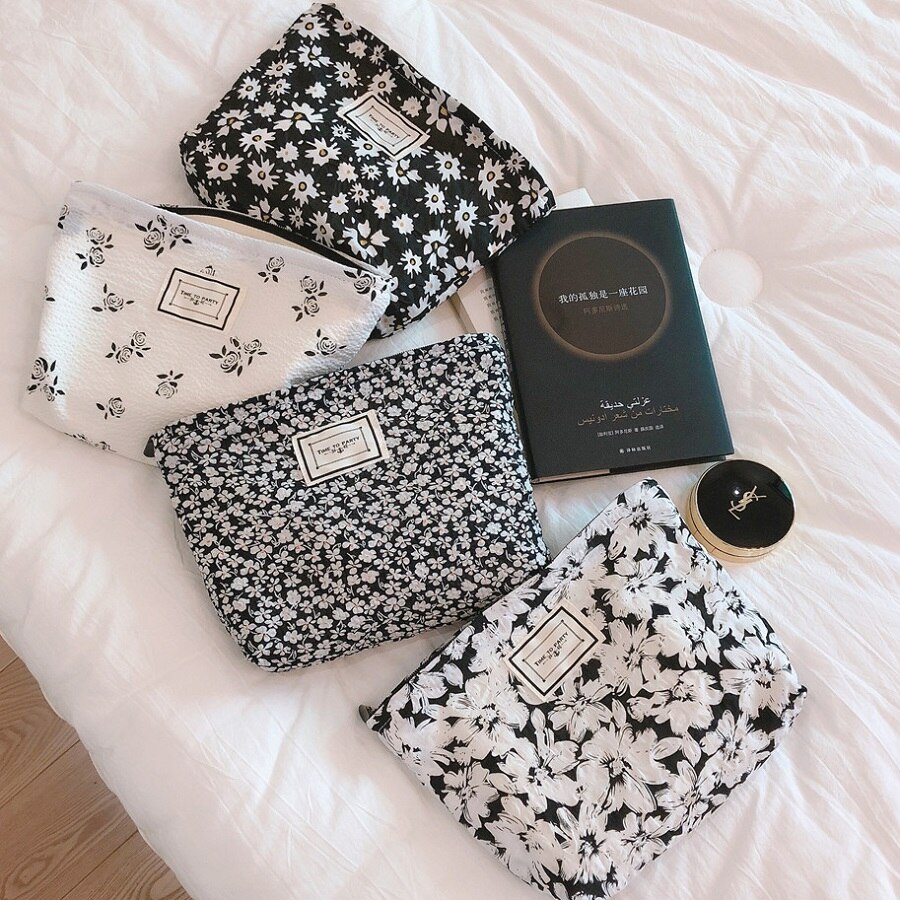 Sac à cosmétiques en tissu de coton à bulles, sac de maquillage pour femmes, organisateur de nécessaire, sacs de toilette de voyage, pochette à cosmétiques à fleurs, étui de beauté