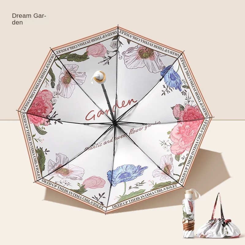 Folding Umbrella - 48-53cm Radius - Oil Painting Print - Anti-UV Sun Protection - Black Coating Fabric