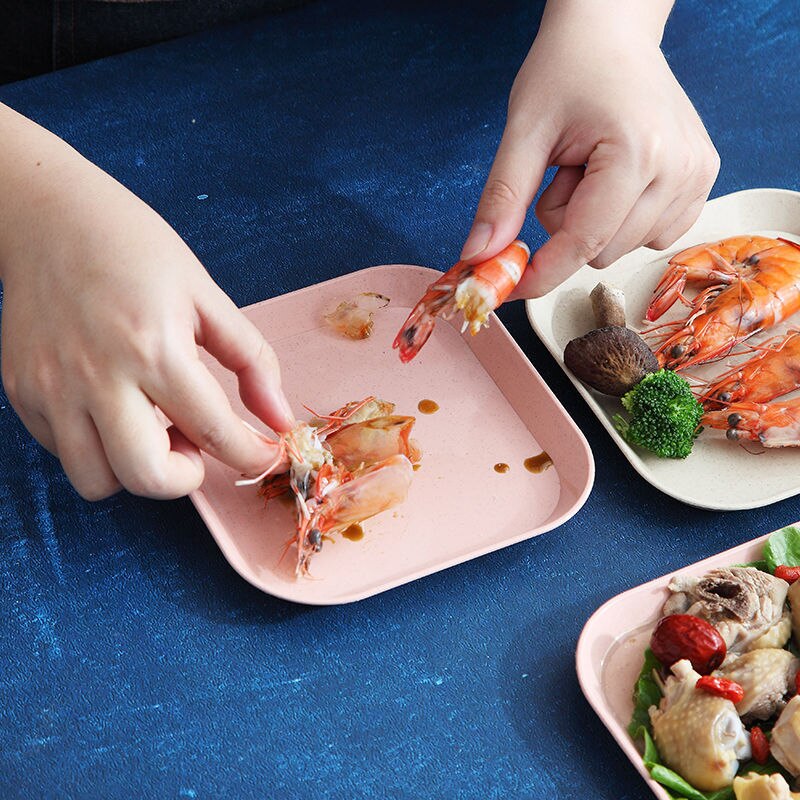 4pcs Square Dish Dinner Plates Anti Wheat Straw Plate Dishes Healthy Tableware Household Snack Spit Bone Trash Fruit Dish