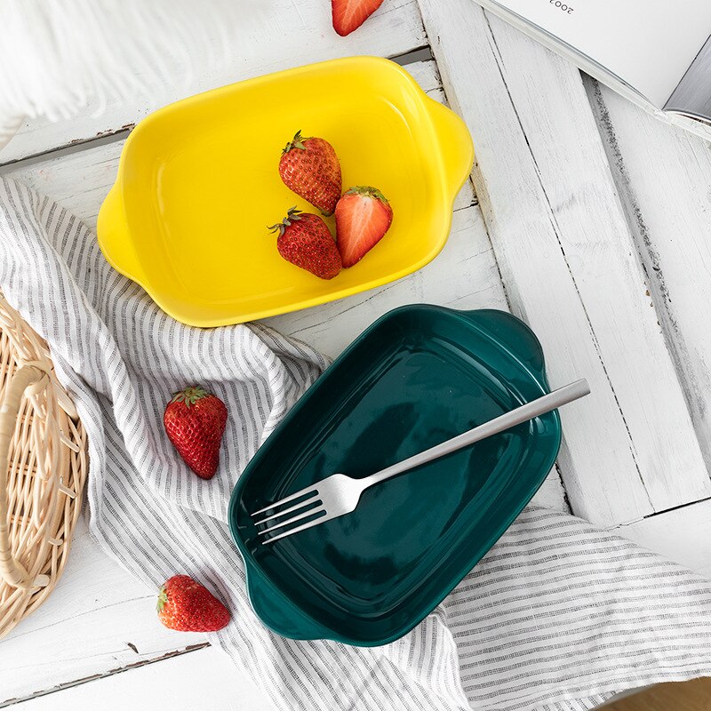 Rectangular Ceramic Baking Tray Double-eared Rice Plate Baking Mold Oven Pasta Thousand-level Baking Tray Microwave Oven