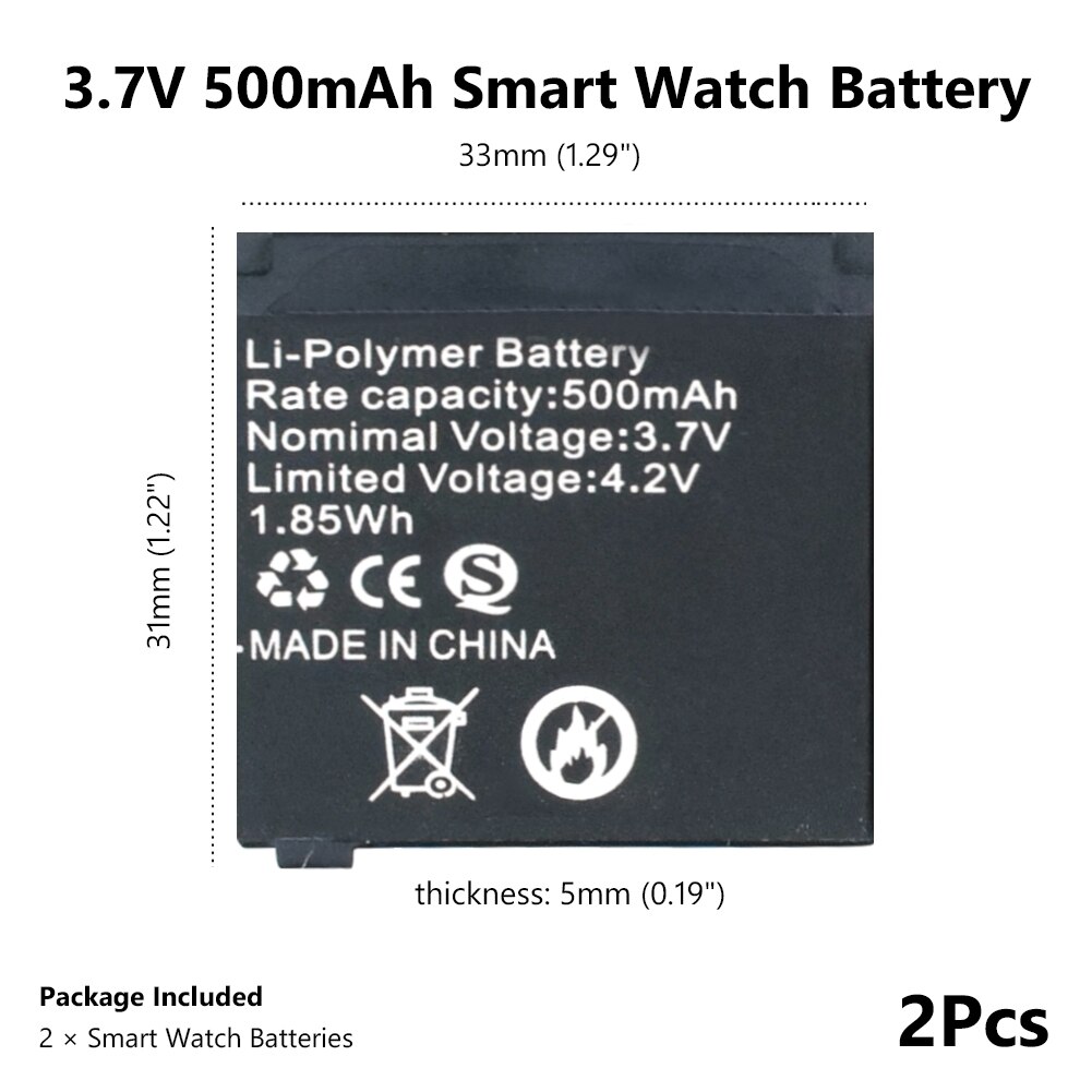 Voor Q18 Smart Horloge 2 Stuks 3.7V Oplaadbare Li-Ion Polymeer Batterijen 500mA Lithium Li-Po Batterij Smartwatch Vervangen