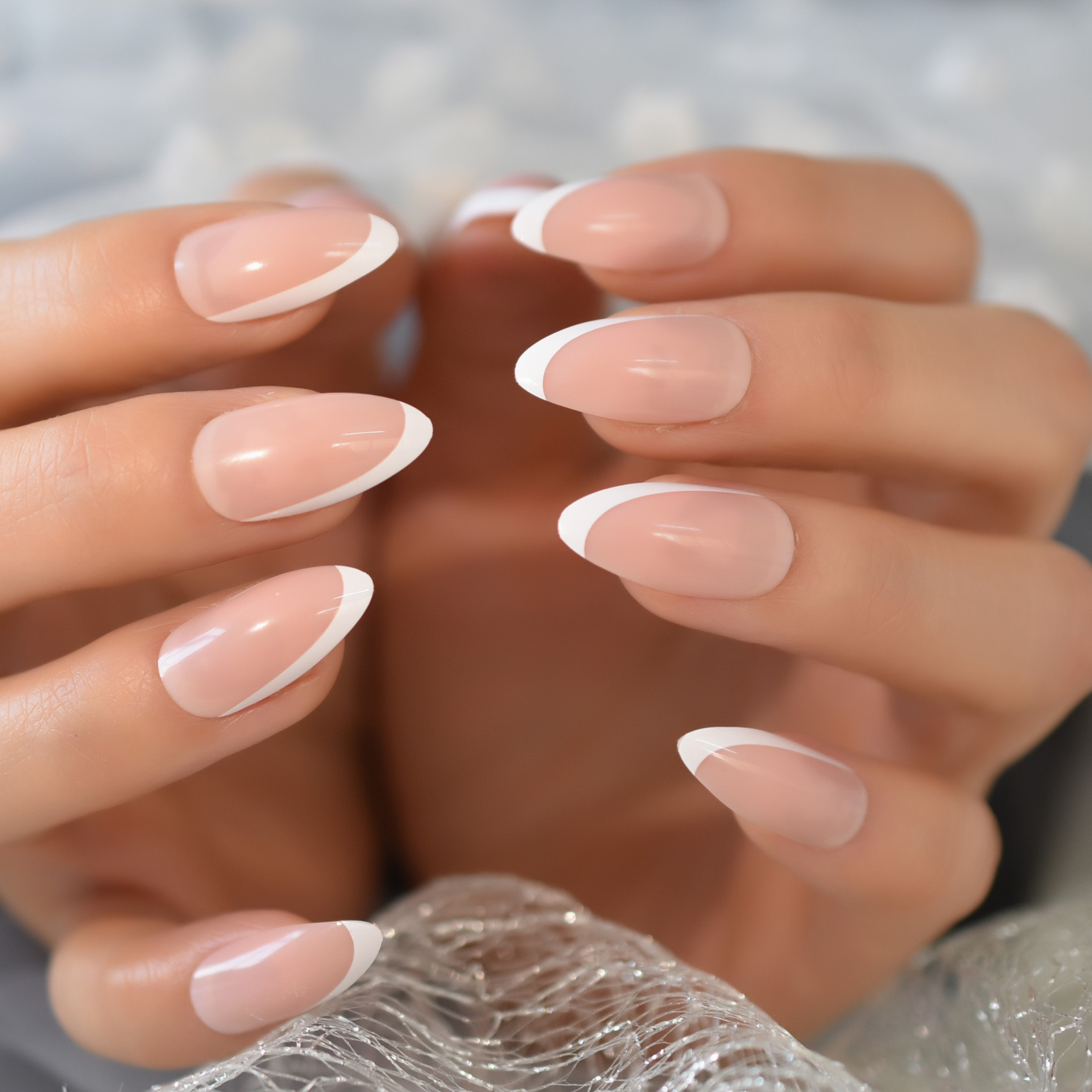 Medium Almond Daily French Nails Glossy Full 24pcs Press On Nails Gel Reusable Faux Nails