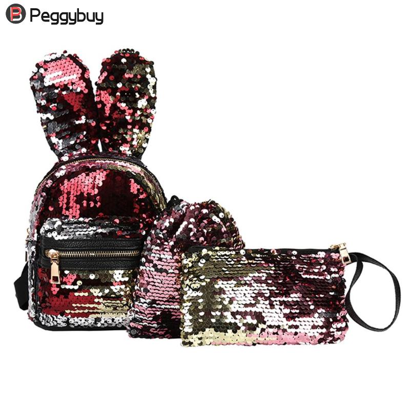 Mochila de lentejuelas para mujer, 3 unidades por juego, Linda bandolera con orejas dobles, Mini mochila para niños y niñas, mochila de viaje con lentejuelas: Rojo