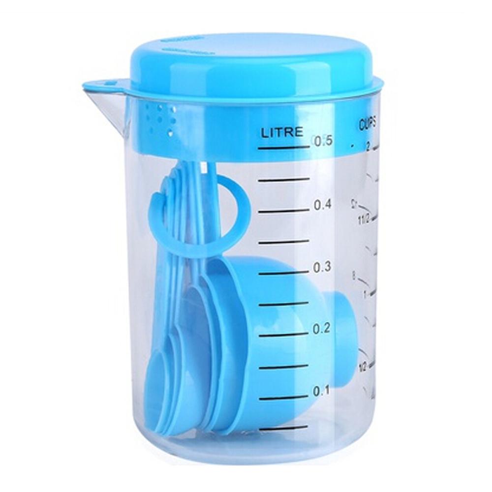 7 Stks/set Maatbeker Container Set Uitloop En Stapelbaar Lepels Kits Plastic Thee Koffie Keukengerei Bakken Tools: Sky Blue