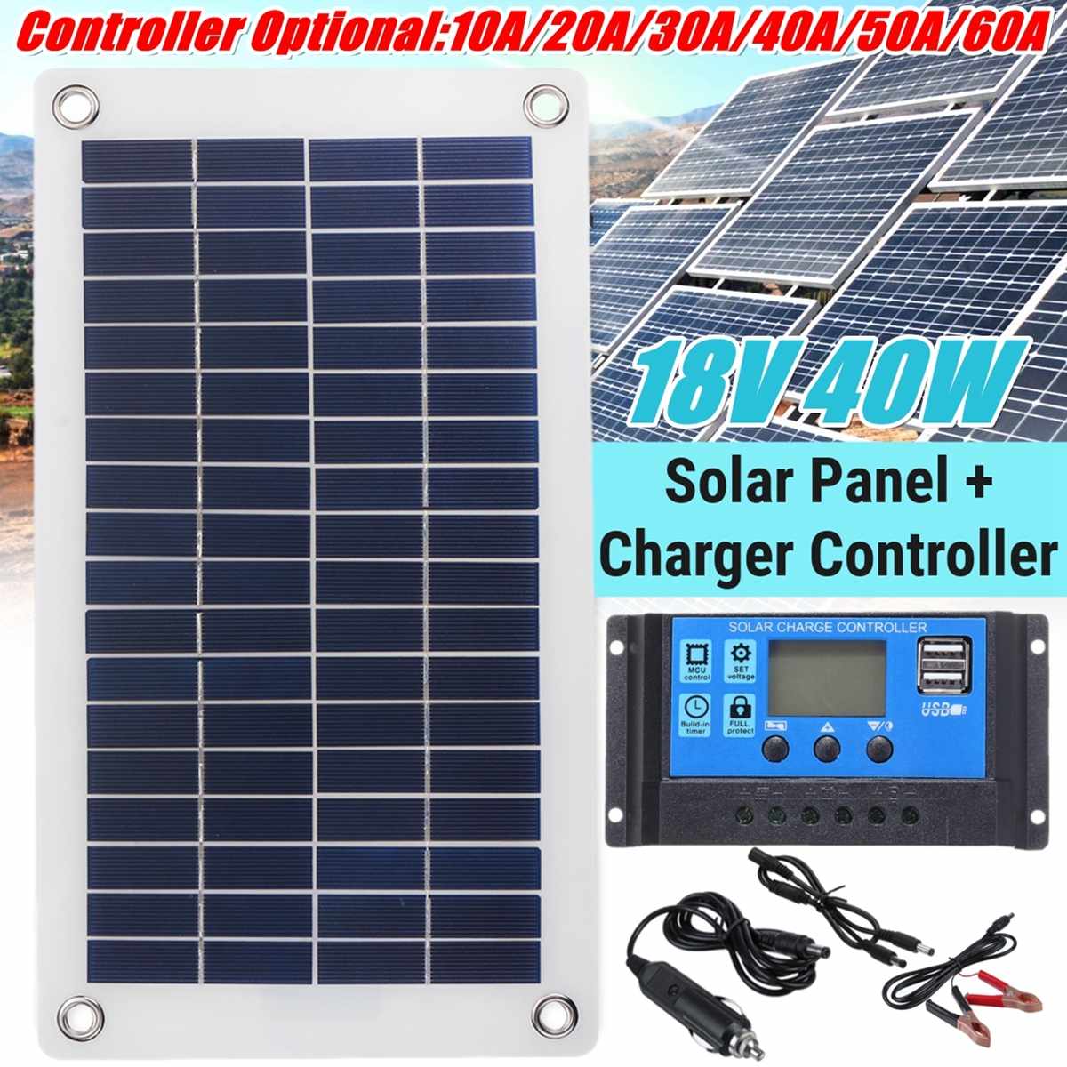 40W 12V Protable Solar Panel Kit 2 USB Port with 10A-60A LCD Display Solar Charge Controller Off Grid for Outdoor Camping