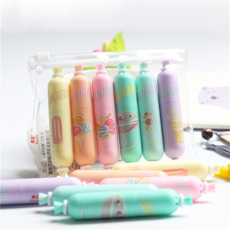 Stylo surligneur en forme de saucisse mignon 6 pièces, couleurs fluo assorties, marqueur de texte à base d&#39;eau, coloration, bricolage enfants étudiants: Default Title