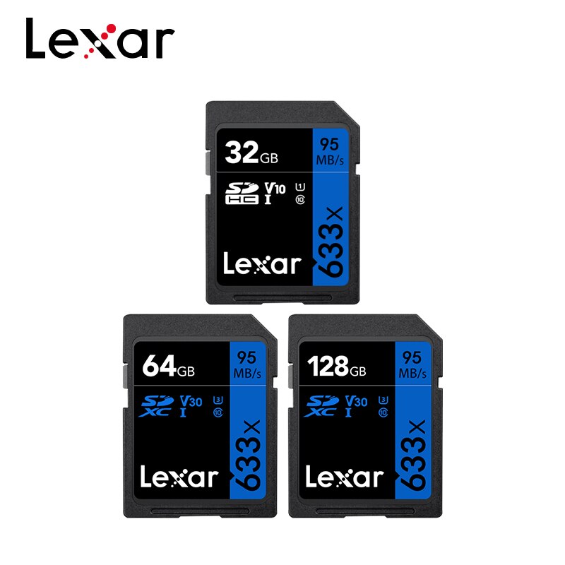 100% Original Lexar 633x tarjeta SD Clase 10 UHS-I 32GB alta velocidad 95 M/s V30 GB 64GB 128GB U3 tarjeta de memoria para 1080p HD 4K Cámara